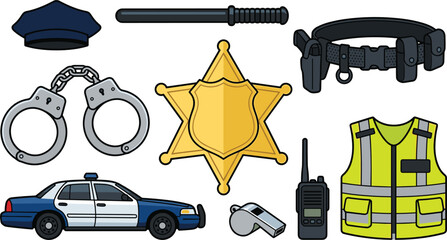 Police Equipment Vector Set with Sheriff Star Badge Handcuffs Patrol Car High Visibility Safety Vest Walkie Talkie Whistle Baton and Duty Belt © Abul