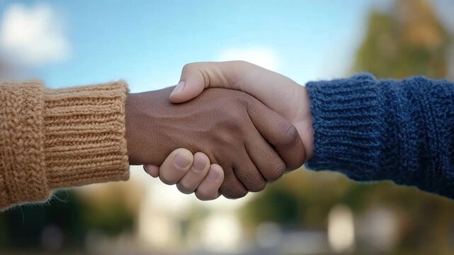 Handshake, one person concluding a successful business agreement, diverse skin tone displaying unity, social interaction promoting trust, mutual respect, and powerful collaboration.