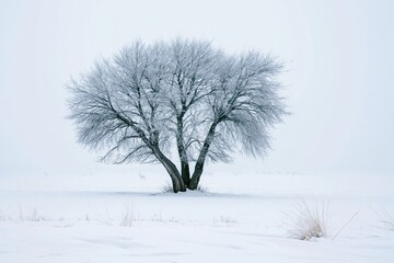 Fototapeta premium Solitary Snow-Covered Tree in Winter Landscape with Overcast Sky