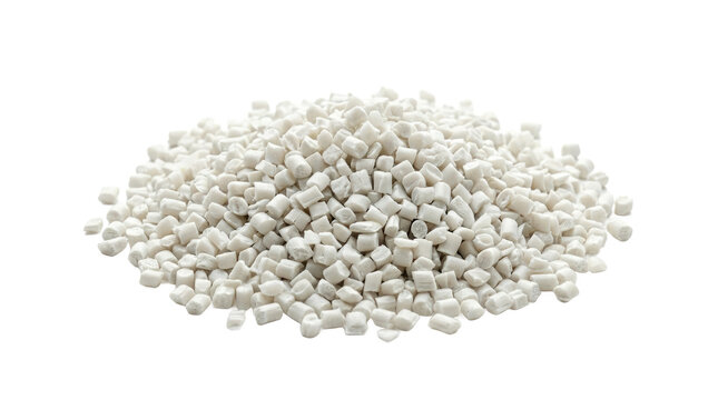 Pile of small white plastic resin pellets or granules isolated on a white background, for industrial manufacturing, and polymer production