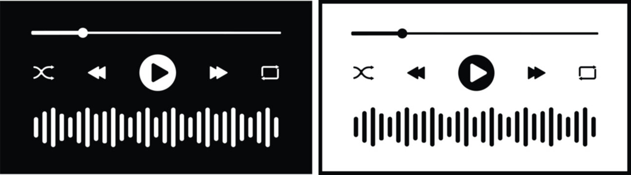 Black and white music player interfaces with waveform audio and controls.