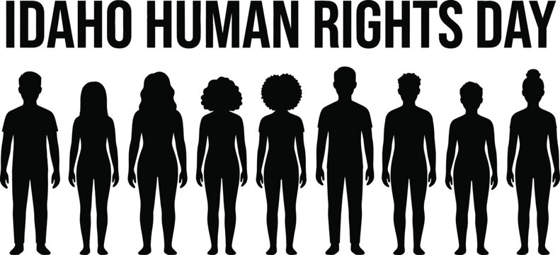Idaho Human Rights Day Vector Illustration Banner with Diverse Group of Standing People Silhouettes on White Background