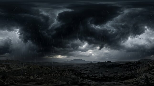 HDRI panorama of a stormy sky with black clouds for gaming and 3D graphics.