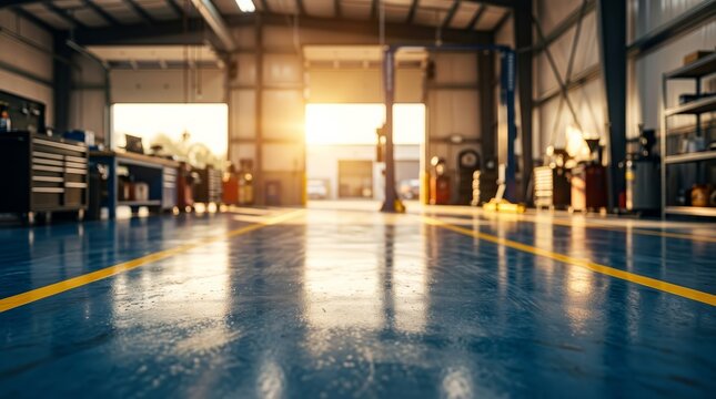Wide shot of a car repair shop interior with bokeh effect and bright sunlight.