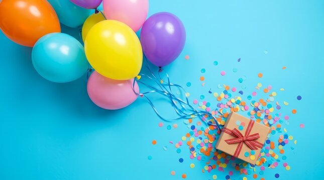 Brightly colored balloons and scattered confetti with a wrapped gift box flat lay