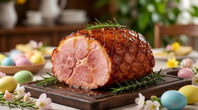 Glazed roasted Easter ham garnished with fresh rosemary on a decorated table.