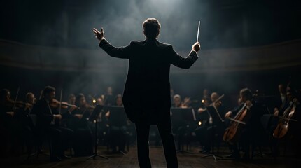 Conductor directing an orchestra with a white baton in a studio with a dark backdrop.