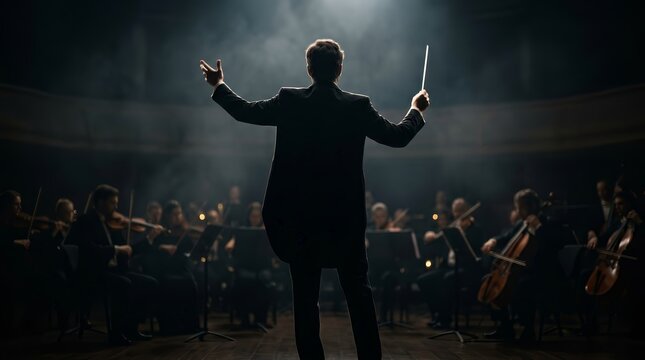 Conductor directing an orchestra with a white baton in a studio with a dark backdrop.