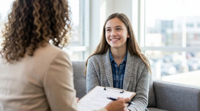 Female college counselor consulting with a happy teenage student in an office.