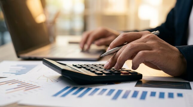 Close-up of an accountant working with a calculator and financial data graphs.