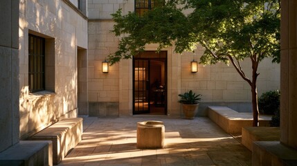 Fototapeta premium Modern Courtyard Entrance with Glass Door, Trees, and Sunlight Shadows
