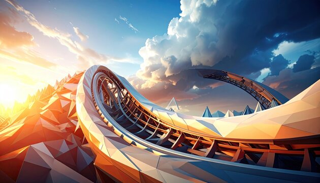 Futuristic, geometric rollercoaster track ascending towards cloudy sky at sunset