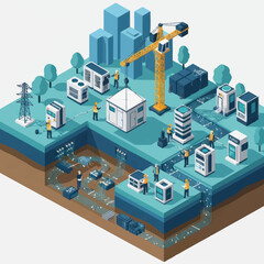 Fototapeta premium Isometric illustration of a modern city construction site with buildings and infrastructure.