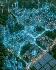 Naklejka premium Artificial intelligence energy monitoring network, glowing infrastructure connected through digital pathways