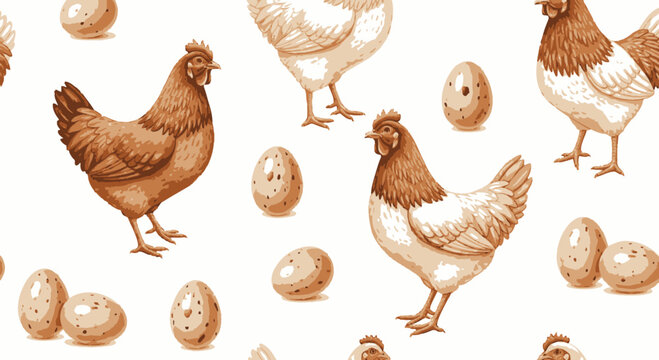 Brown and white hens with eggs on clean background