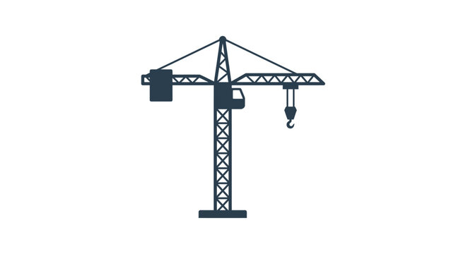 A dark blue silhouette of a tower crane used for construction projects.