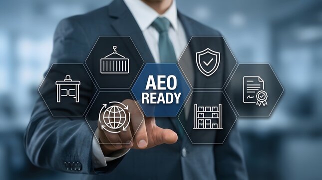 Businessman interacts with a futuristic digital interface showing the aeo ready concept while highlighting essential icons for global supply chain logistics compliance.