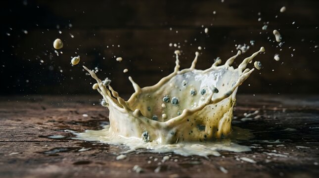 Milk splash on a dark wooden surface with splashes everywhere