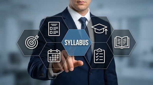 Businessman interacts with a futuristic digital interface screen featuring various educational icons to select the syllabus option for effective academic planning and corporate training.