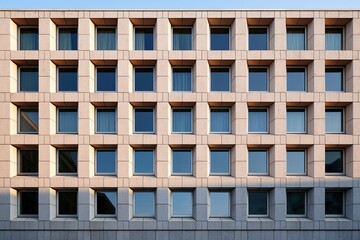 Modern multi-story office building with uniform window arrangement and beige facade