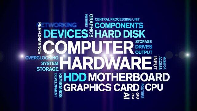 Computer Hardware animated word cloud-text design animation tag kinetic typography seamless loop.