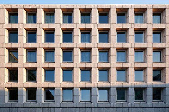 Modern multi-story office building with uniform window arrangement and beige facade