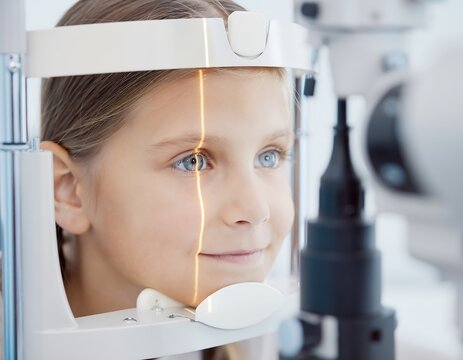 Young Girl Undergoing Eye Exam with Modern Ophthalmic Equipment.