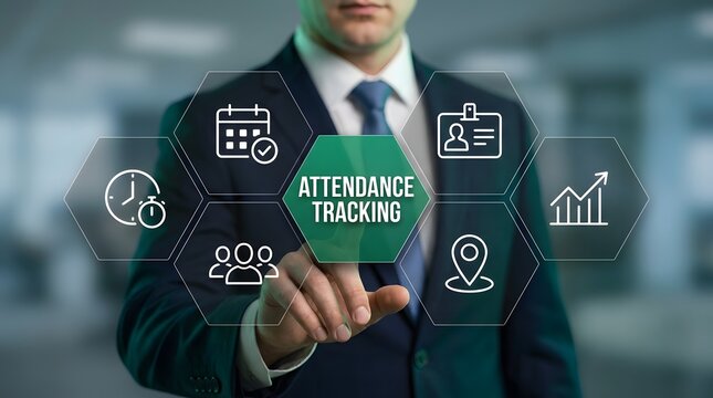 Businessman interacts with a holographic digital interface displaying attendance tracking icons to monitor employee performance and workforce management efficiency.