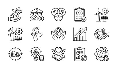 Fototapeta premium Minimalist Eco Finance Line Icons Featuring Green Investment Sustainability and Environmental Business Concepts