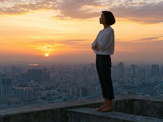 Fototapeta premium Woman Standing contemplatively on rooftop overlooking cityscape at sunset