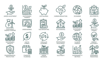 Eco and Finance Outline Icon Set with Sustainable Investment Green Business and ESG Symbols © Tul