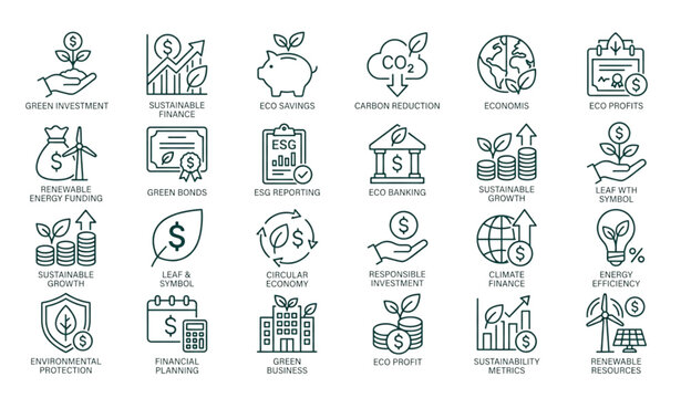 Eco and Finance Outline Icon Set with Sustainable Investment Green Business and ESG Symbols