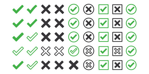 Checkmark and cross mark icon set with green ticks and black x marks for checklist approval and voting concept © huzaifa