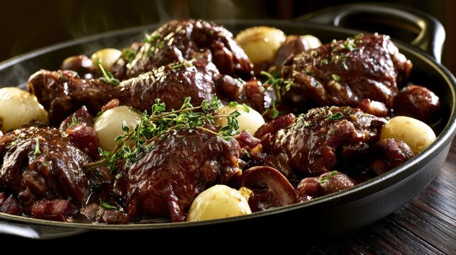 Authentic Coq au Vin Slow Cooked Chicken in Rich Burgundy Wine Sauce with Pearl Onions and Thyme