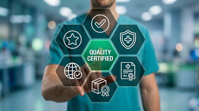 Healthcare professional touches a glowing digital interface featuring quality certified icons representing clinical excellence and medical standards to ensure patient safety and compliance.
