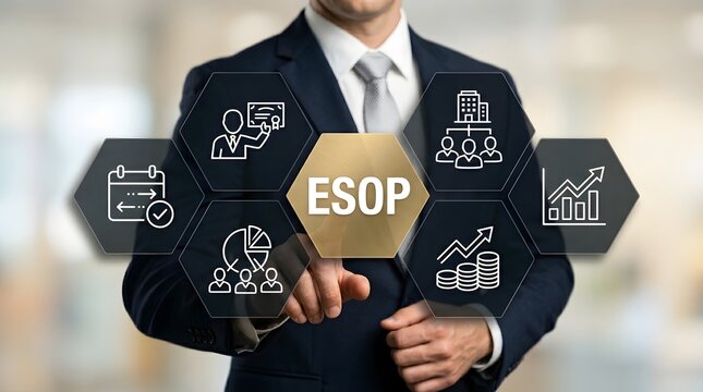 Businessman in a formal navy suit touches a glowing golden esop button on a digital interface surrounded by various white line icons representing corporate growth and employee stock ownership plans.