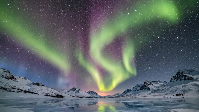 Vibrant Northern Lights Dancing Above A Frozen Lake In Snowy Mountains