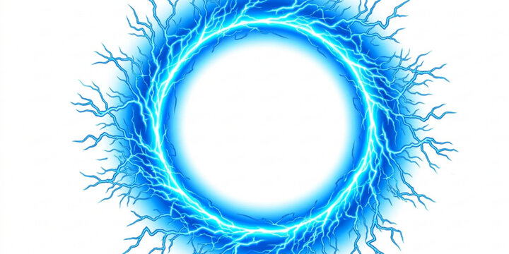 Blue electric lightning circle frame vector with glowing thunder energy ring isolated on white background realistic power effect