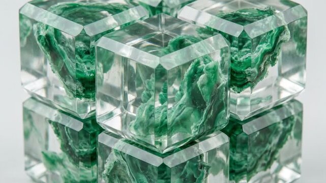 混沌とした緑色の煙がスキャンされ透明な幾何学ブロックへと結晶化する抽象CG