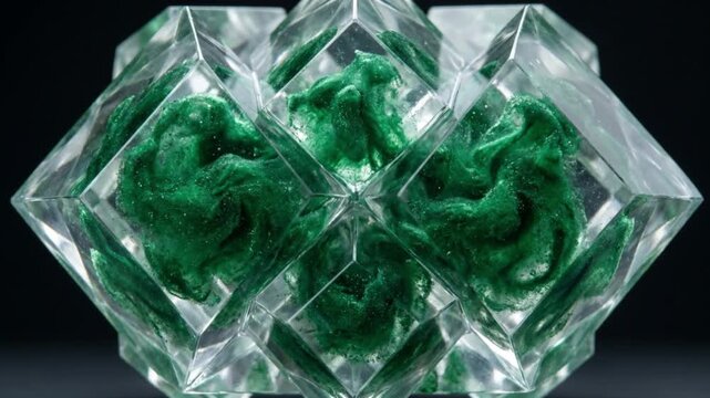 混沌とした緑色の煙がスキャンされ透明な幾何学ブロックへと結晶化する抽象CG