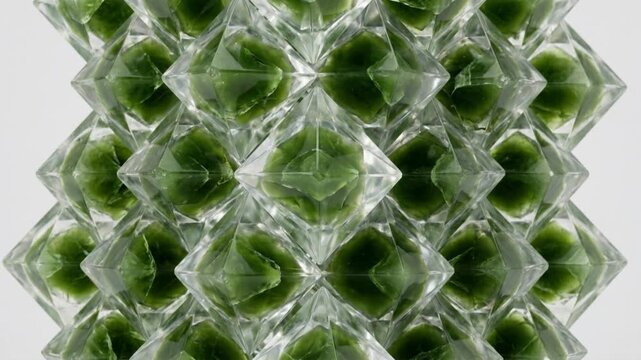 混沌とした緑色の煙がスキャンされ透明な幾何学ブロックへと結晶化する抽象CG