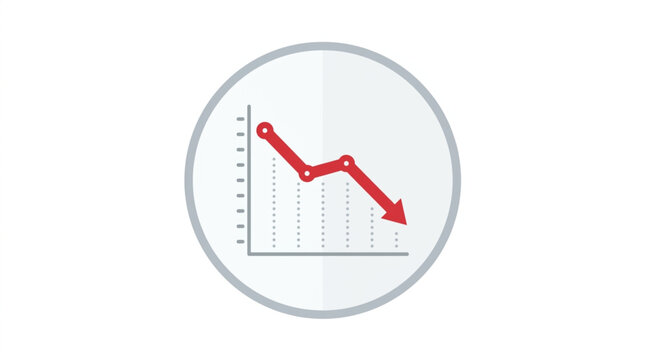 Flat lay illustration of a red line graph showing a downward trend and a red arrow indicating a sharp decline, set against a clean, light gray circular background
