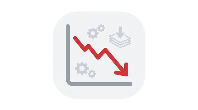 A downward trending red line graph with gears and stacked layers indicates a decrease in performance or efficiency, set against a clean, light background