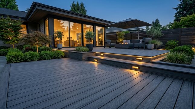 Luxury ash grey composite decking with two levels and evening deck lighting.