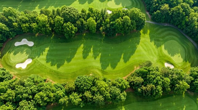 A wide aerial view showing a manicured golf course with trees and green grass.