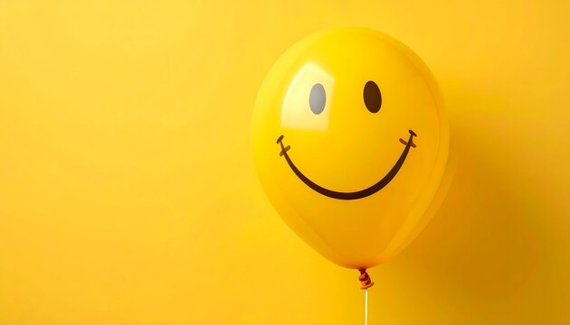 Globo amarillo con cara sonriente sobre fondo amarillo en una composici&oacute;n alegre, minimalista y positiva