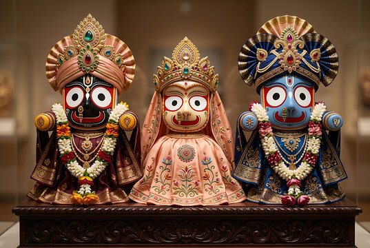 Beautifully dressed idols of lord jagannath balabhadra and subhadra placed on altar for festive ratha yatra occasion and divine jagannath ratha yatra puja