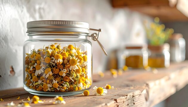 Tarro de cristal con flores secas de manzanilla sobre estanter&iacute;a r&uacute;stica en una cocina luminosa con ambiente natural