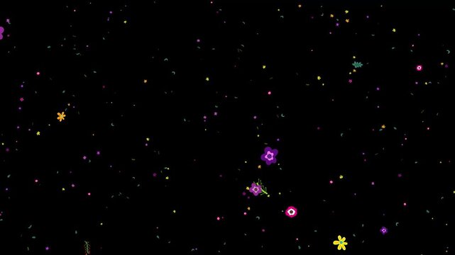 Flower text particle falling animation isolated on black background