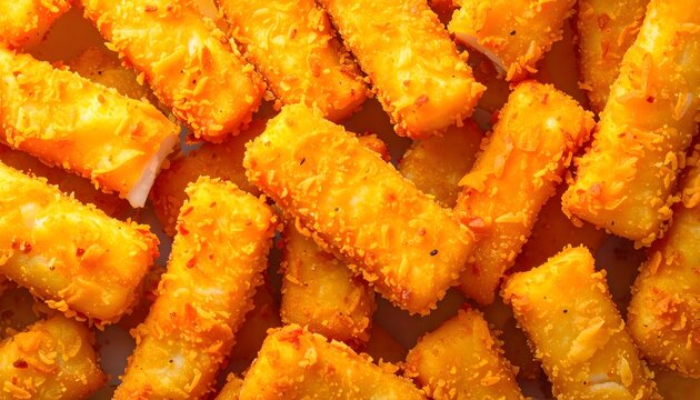 Palitos rebozados fritos dorados en primer plano con textura crujiente en una composici&oacute;n gastron&oacute;mica apetecible